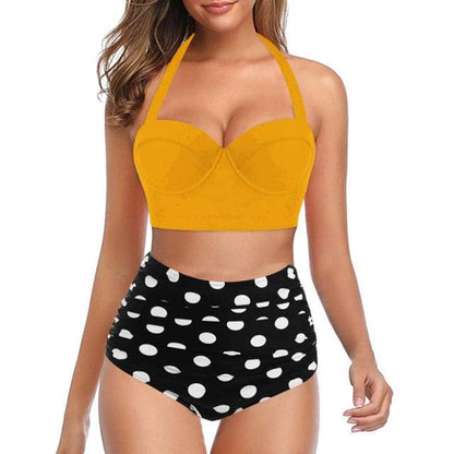 High Waist Bikini Leaf Print Swimsuit Women Push Up Swimwear Female Halter Bathing Suit Vintage Swimming Suit Women Vintage Underwire High Waist Swimsuit Two Pieces Halter Lace Up Adjustable Bikini Top