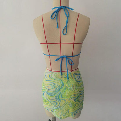 High Waist Mesh Skirt Swimsuit Triangle Micro Bikini Set 3-Piece High Cut Swimwear Women's Bikini Swimsuits With Wrap Skirt, 3 Pieces Strings High Cut Bikini Set Bathing Suits Women Vintage Print Bathing Suit
