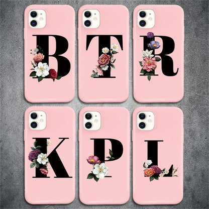 Initial Letter Silicon Phone Case For Iphone  12 Pro Max Retro Pink Flower Soft Back Cover Compatible With Iphone Case Soft Touch Cute Pink Silicone Back Cover For Iphone