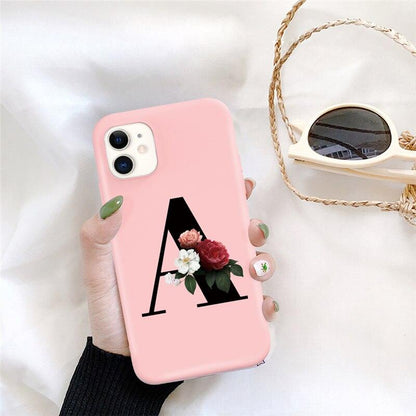 Initial Letter Silicon Phone Case For Iphone  12 Pro Max Retro Pink Flower Soft Back Cover Compatible With Iphone Case Soft Touch Cute Pink Silicone Back Cover For Iphone
