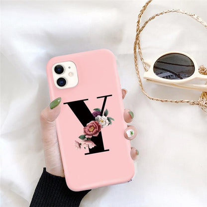 Initial Letter Silicon Phone Case For Iphone  12 Pro Max Retro Pink Flower Soft Back Cover Compatible With Iphone Case Soft Touch Cute Pink Silicone Back Cover For Iphone