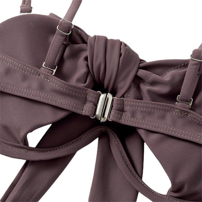 Ladies Summer Solid Color  Swimsuit Female Detachable Shoulder Strap Halter Bikini Women's Bikini Swimsuits One Piece Bathing Suits Tie Knot Cutout Swimwear with Crisscross Design