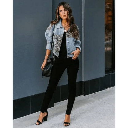 Lavish Style Winter Long-sleeved Jacket Denim Trendy Leopard Print Stitching Lapel Short Jacket For Women And Girls