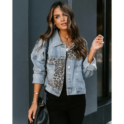 Lavish Style Winter Long-sleeved Jacket Denim Trendy Leopard Print Stitching Lapel Short Jacket For Women And Girls