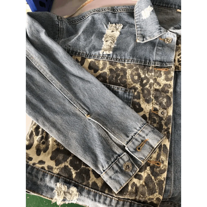 Lavish Style Winter Long-sleeved Jacket Denim Trendy Leopard Print Stitching Lapel Short Jacket For Women And Girls