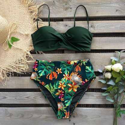 Leaf Print Bikini Female Swimsuit Women's Bathing Suits Triangle Bikini High Waist Bottoms Two Piece Swimsuits Women Swimwear Thong Push Up Bikinis Set High Waist Swimming Suits for Bathing Suit