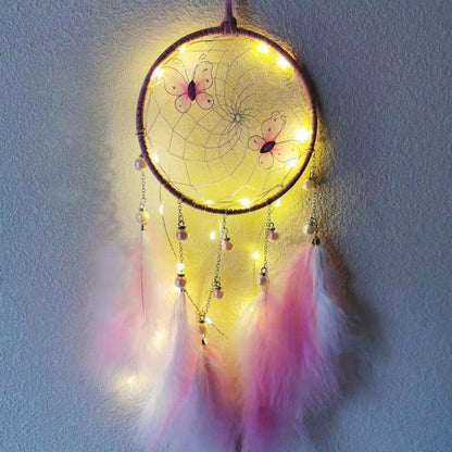 LED Dream Catcher Lamp Flying Wind Chimes Lighting Dream-catcher Handmade Ornaments Traditional Gifts Feather Pendant Romantic Creative Wall Hanging Home Wall Decoration Ornament Craft Native American Style