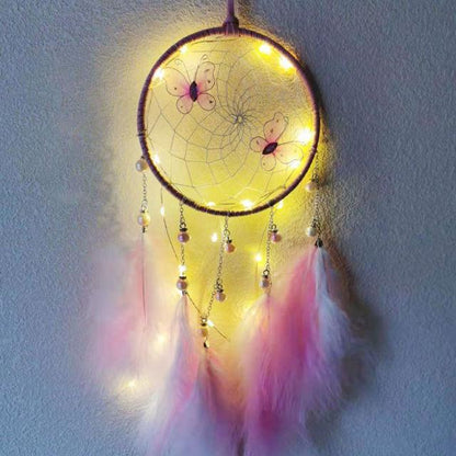 LED Dream Catcher Lamp Flying Wind Chimes Lighting Dream-catcher Handmade Ornaments Traditional Gifts Feather Pendant Romantic Creative Wall Hanging Home Wall Decoration Ornament Craft Native American Style