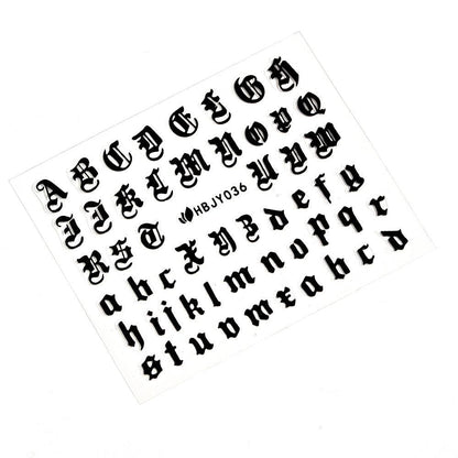 Letter 3D Decals Nail Art Stickers English Old Font Black Number Tattoo Nails Design Water Sliders Manicure Decoration 3D Nail Supplies Holographic Old English Character Nail Self-Adhesive Sticker English Font Design Manicure Decorations Accessories