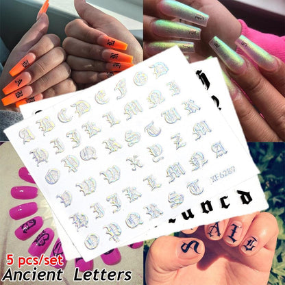 Letter 3D Decals Nail Art Stickers English Old Font Black Number Tattoo Nails Design Water Sliders Manicure Decoration 3D Nail Supplies Holographic Old English Character Nail Self-Adhesive Sticker English Font Design Manicure Decorations Accessories