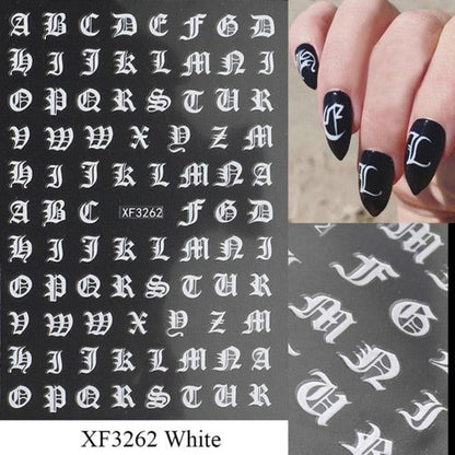 Letter 3D Decals Nail Art Stickers English Old Font Black Number Tattoo Nails Design Water Sliders Manicure Decoration 3D Nail Supplies Holographic Old English Character Nail Self-Adhesive Sticker English Font Design Manicure Decorations Accessories
