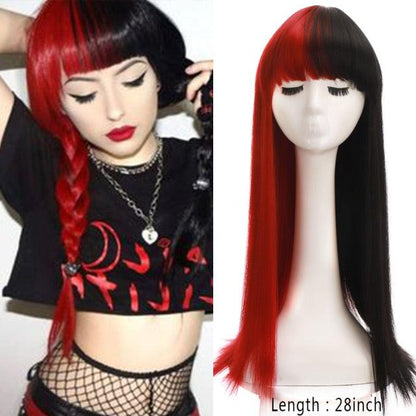 Long Straight With Bangs Synthetic Wigs For Black/White Women Natural Black Brown Gray Heat Resistant Fiber Hair Wigs For Black Women Cosplay Wigs For Women Gifts for Girlfriends
