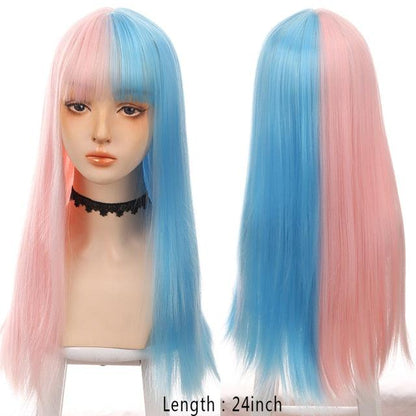 Long Straight With Bangs Synthetic Wigs For Black/White Women Natural Black Brown Gray Heat Resistant Fiber Hair Wigs For Black Women Cosplay Wigs For Women Gifts for Girlfriends