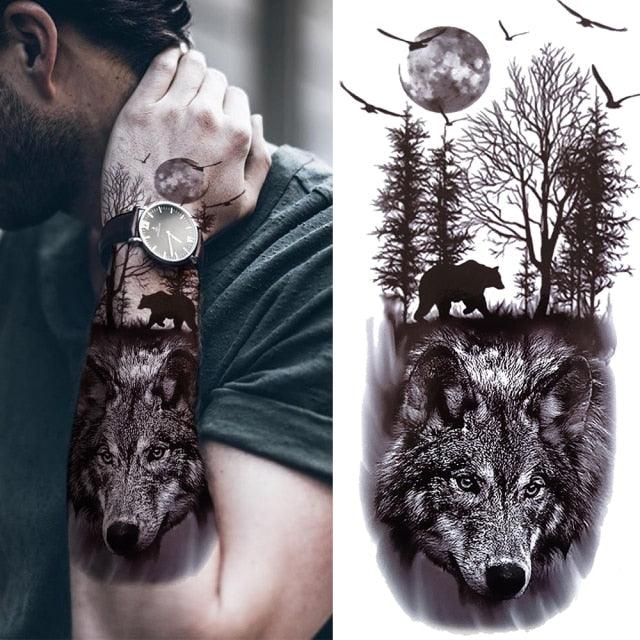 Luxury Black Forest Tiger Wolf Tattoo Sticker Temporary Tattoo Animals Colorful Big Tattoo Stickers For Mens Womens