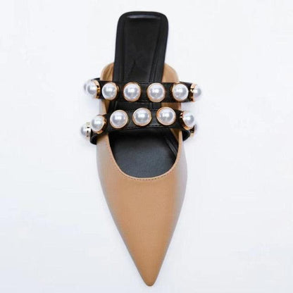 Luxury Black Straps Black Shoes For Women Shallow Summer Heels Beige Elastic Band Low Pointed Closed Flat Rhinestone Slip-on Shoes Flats Outdoor Walking Slippers