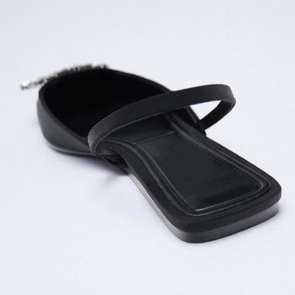 Luxury Black Straps Black Shoes For Women Shallow Summer Heels Beige Elastic Band Low Pointed Closed Flat Rhinestone Slip-on Shoes Flats Outdoor Walking Slippers