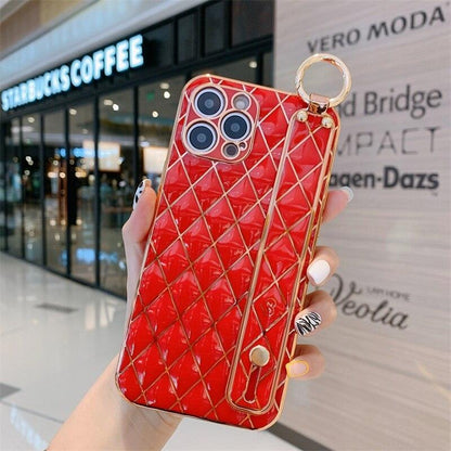 Luxury Blue Pink Gold Color Plating Soft Case Cell Phone Case For iPhone 11 12 13 Pro Max XS Max XR X 8 7 Plus Luxury Wrist Strap Plating Frame Geometric Soft Covers Bumper Iphone Case