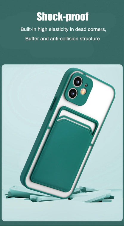 Luxury Card Holder Wallet Case For iPhone 11 Pro Max 12 Mini X XR 7 8 Plus XS Max Hard Solid Color Clear Protection Cover  Soft Silicone Shockproof Back Cover