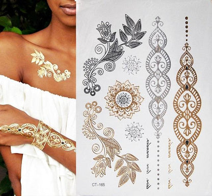 Luxury Flash Metallic Waterproof Temporary Tattoo Gold Silver Flower Tattoo Sticker Long Lasting Gold Design For Womens