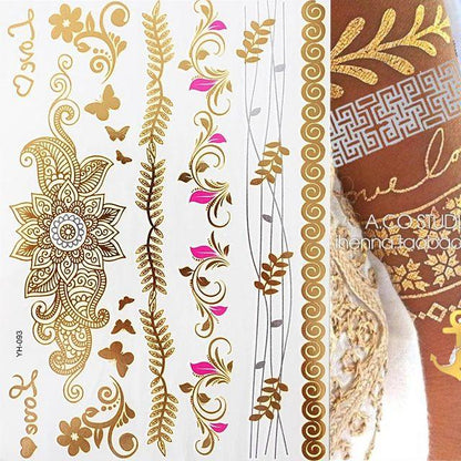 Luxury Flash Metallic Waterproof Temporary Tattoo Gold Silver Flower Tattoo Sticker Long Lasting Gold Design For Womens