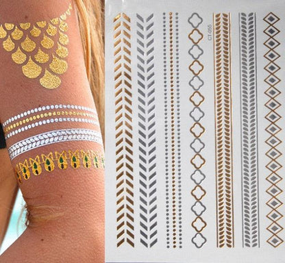 Luxury Flash Metallic Waterproof Temporary Tattoo Gold Silver Flower Tattoo Sticker Long Lasting Gold Design For Womens
