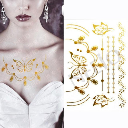 Luxury Flash Metallic Waterproof Temporary Tattoo Gold Silver Flower Tattoo Sticker Long Lasting Gold Design For Womens