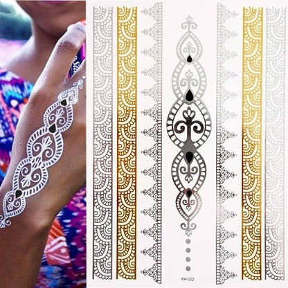 Luxury Flash Metallic Waterproof Temporary Tattoo Gold Silver Flower Tattoo Sticker Long Lasting Gold Design For Womens