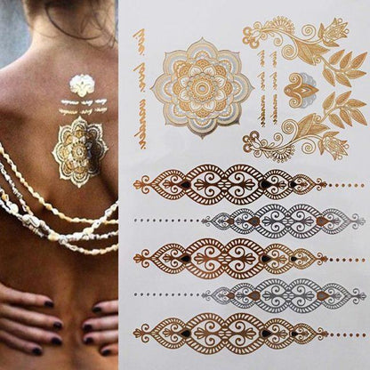 Luxury Flash Metallic Waterproof Temporary Tattoo Gold Silver Flower Tattoo Sticker Long Lasting Gold Design For Womens