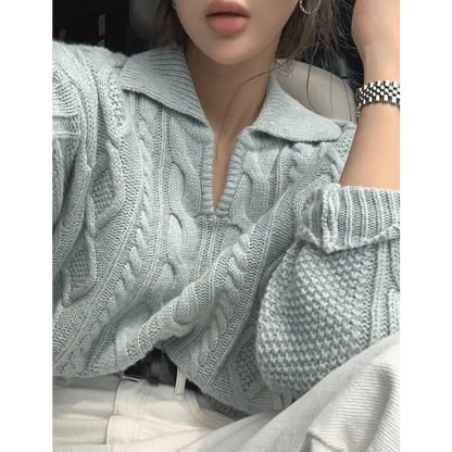 Luxury Kitty Retro Women Sweater Pullovers Knitted Casual Solid Autumn Turn-down Collar Feminine Loose All Match Soft Sweet Tops