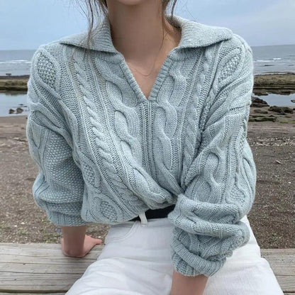 Luxury Kitty Retro Women Sweater Pullovers Knitted Casual Solid Autumn Turn-down Collar Feminine Loose All Match Soft Sweet Tops