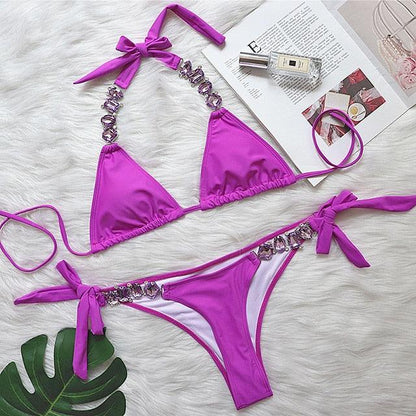 Luxury Purple Halter Crystal Diamond Bikini Female Swimsuit Women Swimwear Rhinestone Bikini Set Bathing Suit Women's Swimwear Rhinestone Halter Low Waist Tie Side Bikini Set 2 Pieces Crystal Diamond Swimsuit