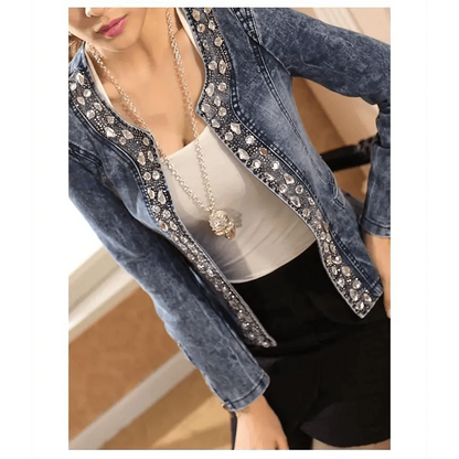 Luxury Spring Fashionable Women Denim Jacket Slim Zipper Casual Short Sequins Outerwear Ladies Vintage Crystal Biker