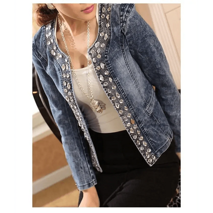 Luxury Spring Fashionable Women Denim Jacket Slim Zipper Casual Short Sequins Outerwear Ladies Vintage Crystal Biker