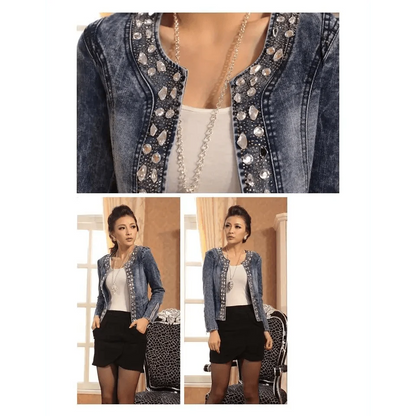 Luxury Spring Fashionable Women Denim Jacket Slim Zipper Casual Short Sequins Outerwear Ladies Vintage Crystal Biker