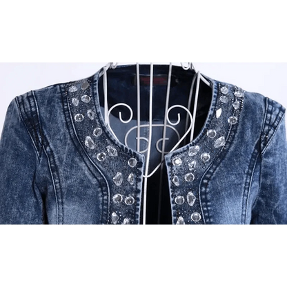 Luxury Spring Fashionable Women Denim Jacket Slim Zipper Casual Short Sequins Outerwear Ladies Vintage Crystal Biker