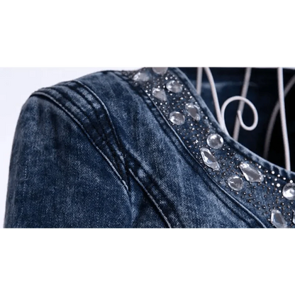 Luxury Spring Fashionable Women Denim Jacket Slim Zipper Casual Short Sequins Outerwear Ladies Vintage Crystal Biker