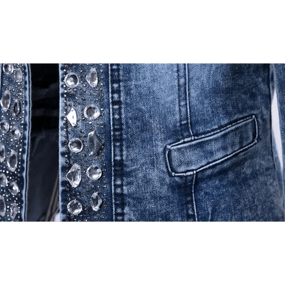 Luxury Spring Fashionable Women Denim Jacket Slim Zipper Casual Short Sequins Outerwear Ladies Vintage Crystal Biker