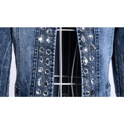 Luxury Spring Fashionable Women Denim Jacket Slim Zipper Casual Short Sequins Outerwear Ladies Vintage Crystal Biker