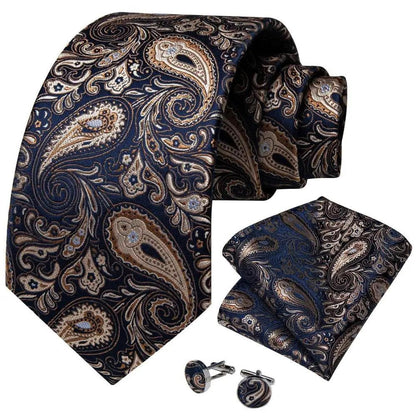 Luxury Wedding Party Floral Design Silk Necktie Hanky And Matching Cufflinks Set For Men Classic Design Necktie Set For Men