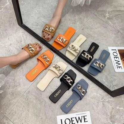 Luxury Women Summer Slipper Square Toe Chain Slippers Fashion Open Toe Metal Chain Beach Shopping Party Flip Flops For Women