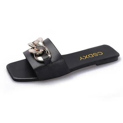 Luxury Women Summer Slipper Square Toe Chain Slippers Fashion Open Toe Metal Chain Beach Shopping Party Flip Flops For Women