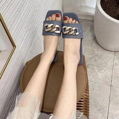 Luxury Women Summer Slipper Square Toe Chain Slippers Fashion Open Toe Metal Chain Beach Shopping Party Flip Flops For Women