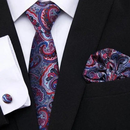 Men Elegant Red Silk Tie Classic Necktie Cufflinks Set Business Necktie With Handkerchief Perfect Match With Wedding Suit
