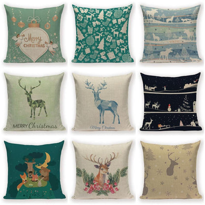 Merry Christmas Tree Cute Deer Happy Festival New Year Decorations Christmas Throw Pillow Covers Christmas Decorative Couch Pillow Cases Cotton Linen Pillow Square Cushion Cover For Home Bed