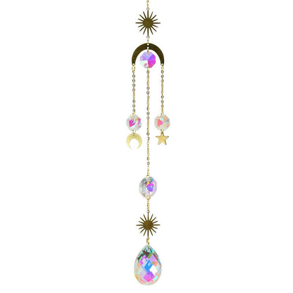 Metallic Hoop Moon Sun Catcher Hanging Crystal Pendant Chandelier Lamps Light Crystals Glass Pendants Light Rainbow Maker Wind Chime Hanging Drop Gift of Good Luck Garden Decor Hanging Ornament For Home Decoration