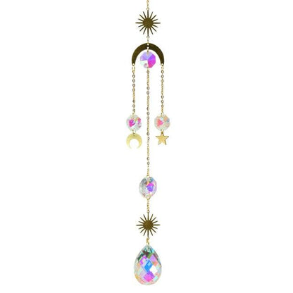 Metallic Hoop Moon Sun Catcher Hanging Crystal Pendant Chandelier Lamps Light Crystals Glass Pendants Light Rainbow Maker Wind Chime Hanging Drop Gift of Good Luck Garden Decor Hanging Ornament For Home Decoration