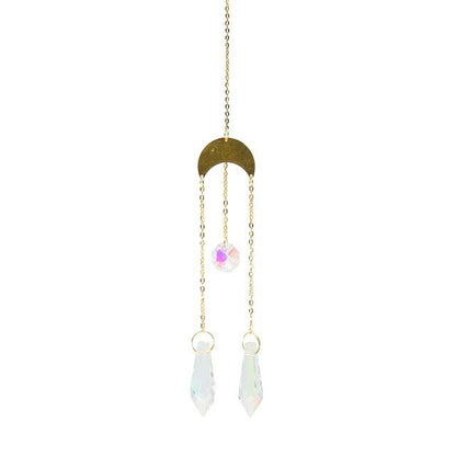 Metallic Hoop Moon Sun Catcher Hanging Crystal Pendant Chandelier Lamps Light Crystals Glass Pendants Light Rainbow Maker Wind Chime Hanging Drop Gift of Good Luck Garden Decor Hanging Ornament For Home Decoration