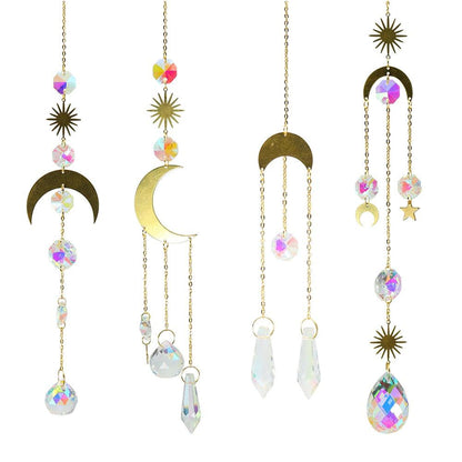 Metallic Hoop Moon Sun Catcher Hanging Crystal Pendant Chandelier Lamps Light Crystals Glass Pendants Light Rainbow Maker Wind Chime Hanging Drop Gift of Good Luck Garden Decor Hanging Ornament For Home Decoration