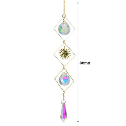 Metallic Hoop Moon Sun Catcher Hanging Crystal Pendant Chandelier Lamps Light Crystals Glass Pendants Light Rainbow Maker Wind Chime Hanging Drop Gift of Good Luck Garden Decor Hanging Ornament For Home Decoration
