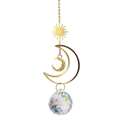 Metallic Hoop Moon Sun Catcher Hanging Crystal Pendant Chandelier Lamps Light Crystals Glass Pendants Light Rainbow Maker Wind Chime Hanging Drop Gift of Good Luck Garden Decor Hanging Ornament For Home Decoration